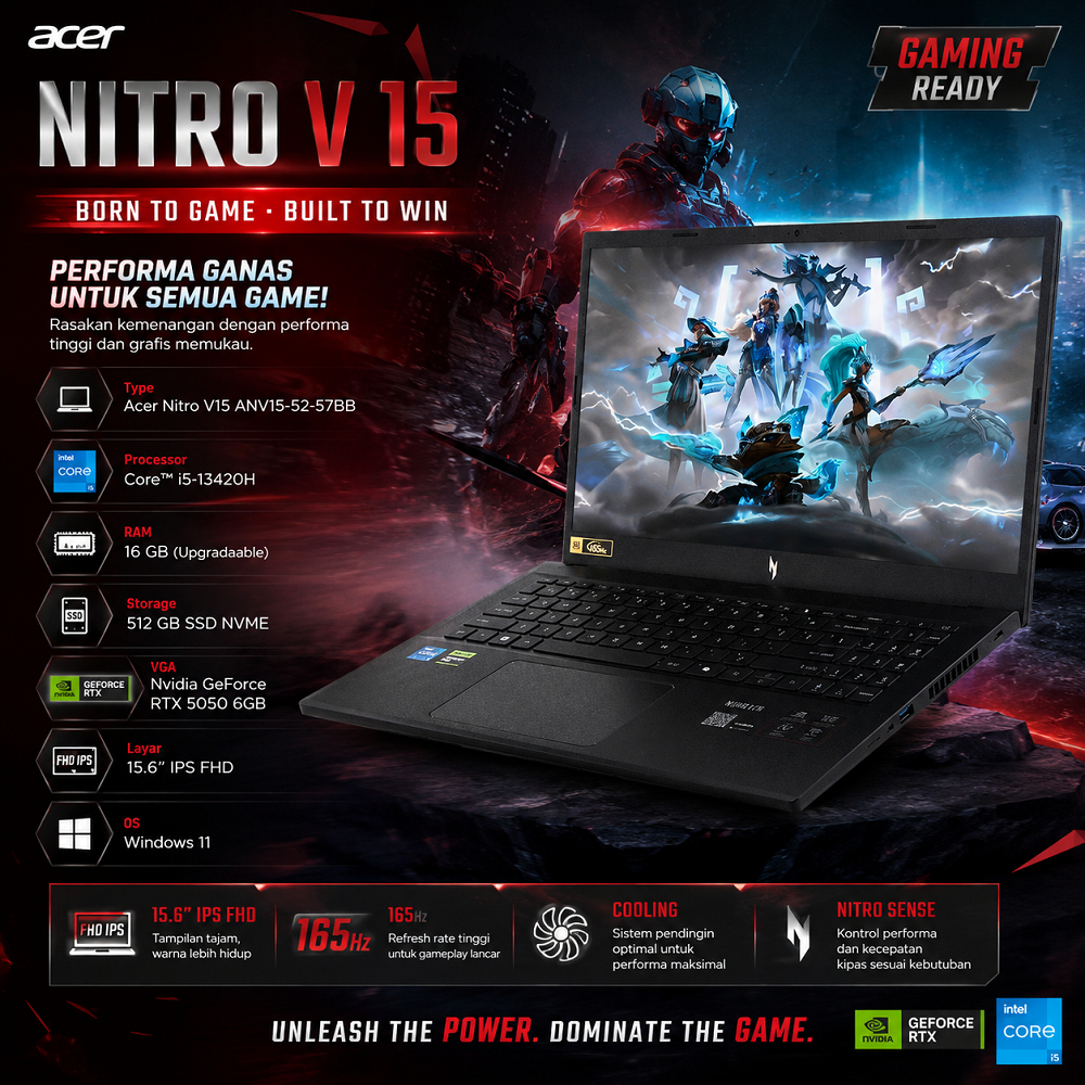 Laptop Nitro RTX 5050 16GB SSD 512GB - Laptop Gaming Acer Nitro V15 Intel Core i5 13420H 16GB DDR5 R