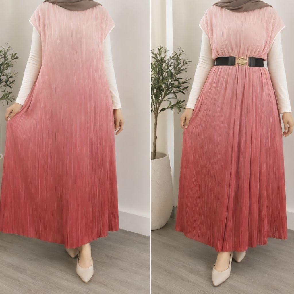 Gamis Plisket Gradasi Jumbo Wanita Dress Ombre Loose Fit Premium 2XL 4XL Muslimah Kekinian