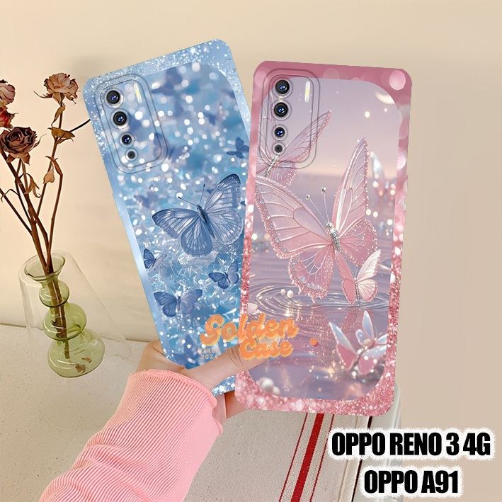 [147] Case Compatible for Oppo Reno 3 4G - Oppo A91 Shockproof Butterfly Glitter Aesthetic Cassing C