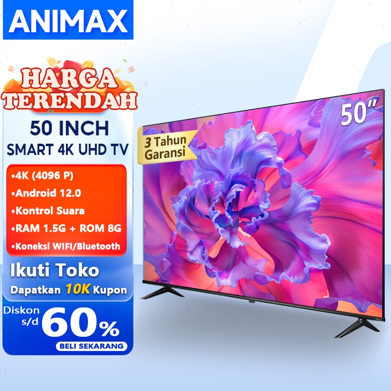 Animax Sakura TV LED 50/55/65 inch smart Android TV Digital 4K UHD Televisi Voice Control-Dolby Audi