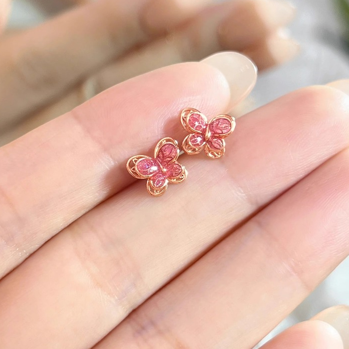 Anting-anting Emas Berlapis Dengan Zirconia Warna  Kupu-kupu Kecil Merah Muda Untuk Wanita R054