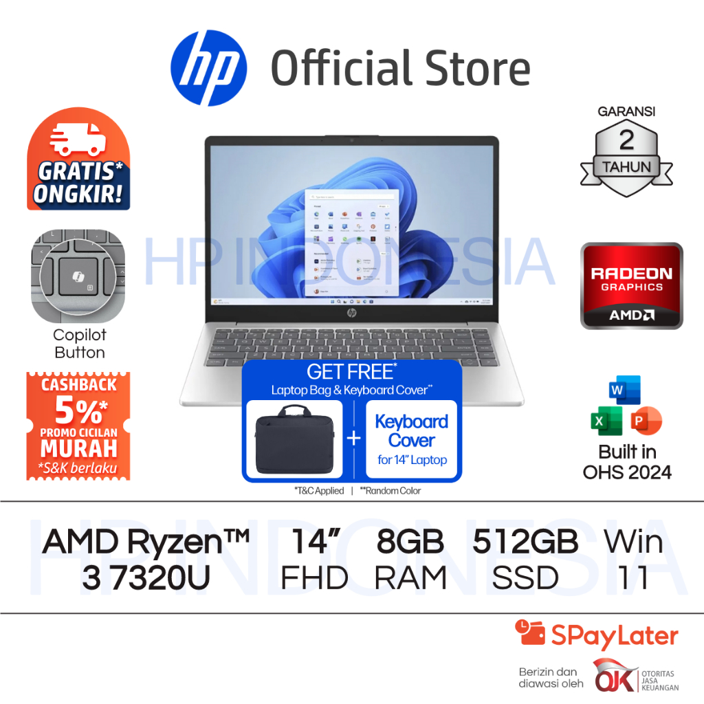 Laptop HP AMD Ryzen 3 Radeon 8GB RAM 256GB / 512GB SSD Gold / Silver Windows 11 Home 14 Inch Garansi