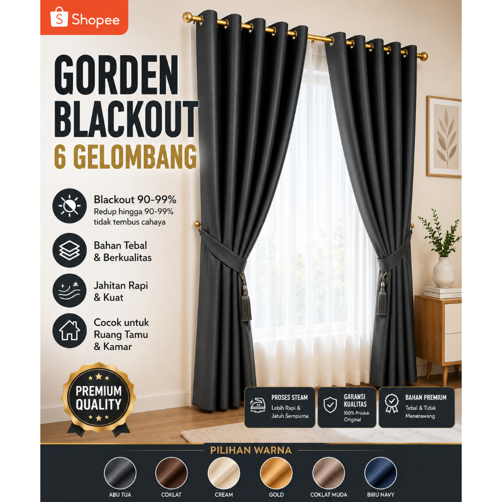 Gorden Blackout Polos Embos Glosy Mengkilap Proses Uap Gelombang Tirai Jendela Smokring Minimalis Or
