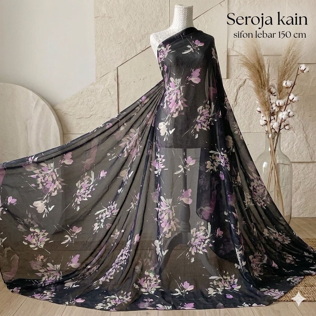 Kain Sifon Ceruty Motif Bunga Ungu - Lebar Kain 150cm Rm