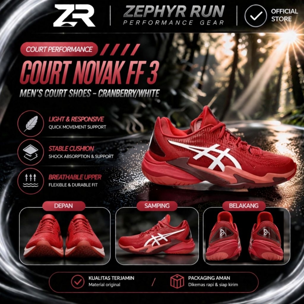 Sepatu tenis  ASICS Court FF 3 Novak warna Cranberry/White yang dirancang untuk stabilitas dan respo
