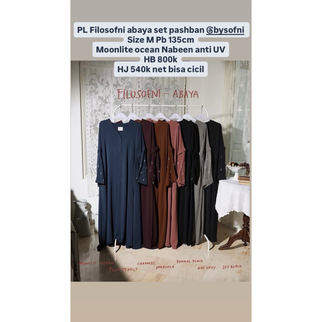 (Manual 540k) Preloved filosofni abaya M set pashban moonlite ocean nabeen anti UV bysofni sofni alj