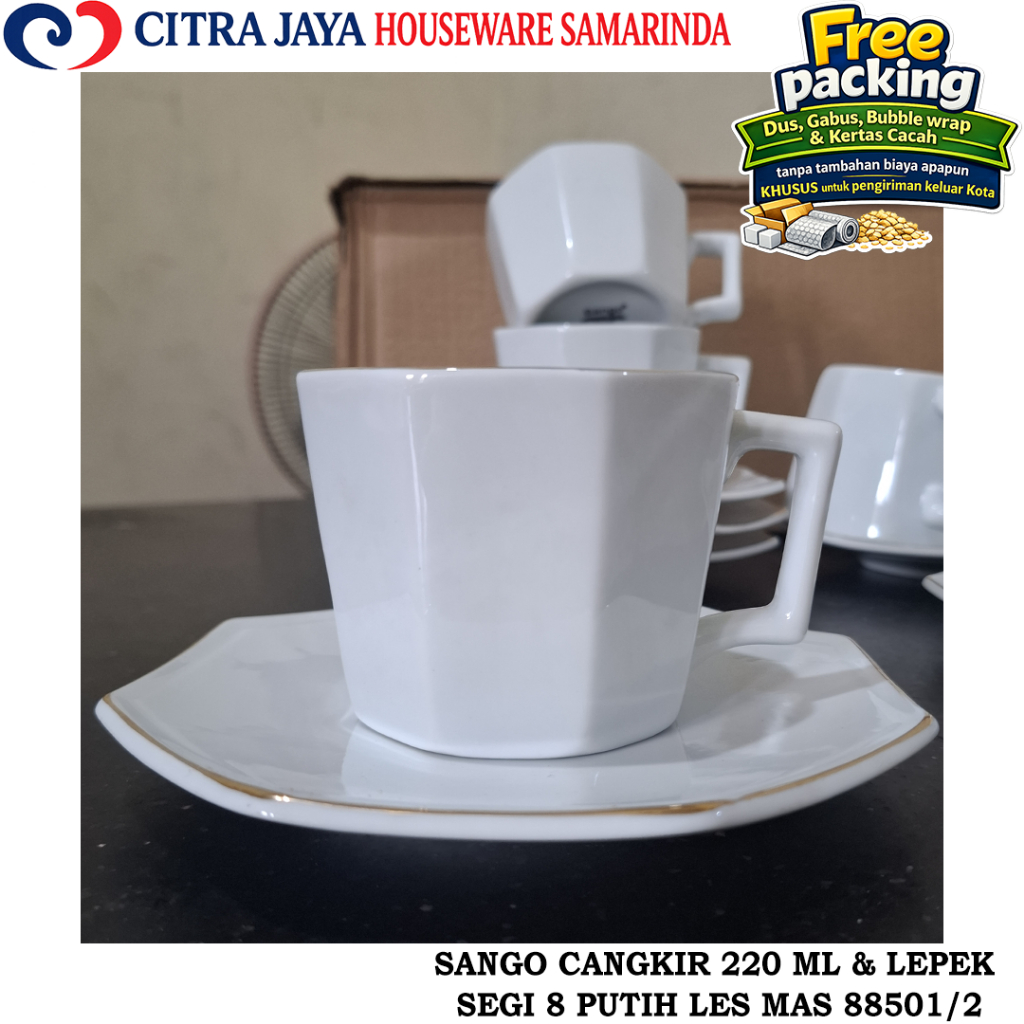 Cangkir 220 ML & LEPEK KERAMIK MODEL SEGI 8 PUTIH LES EMAS SANGO ORIGINAL 88501/2 (PERKOTAK ISI 6 PC