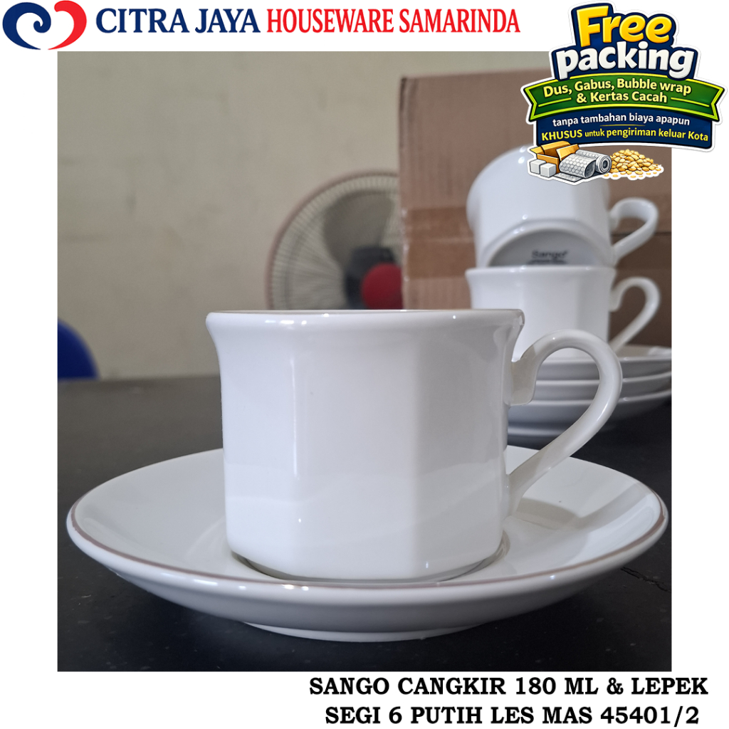 Cangkir 180 ML & LEPEK KERAMIK MODEL SEGI 6 PUTIH LES EMAS SANGO ORIGINAL 45401/2 (PERKOTAK ISI 6 PC