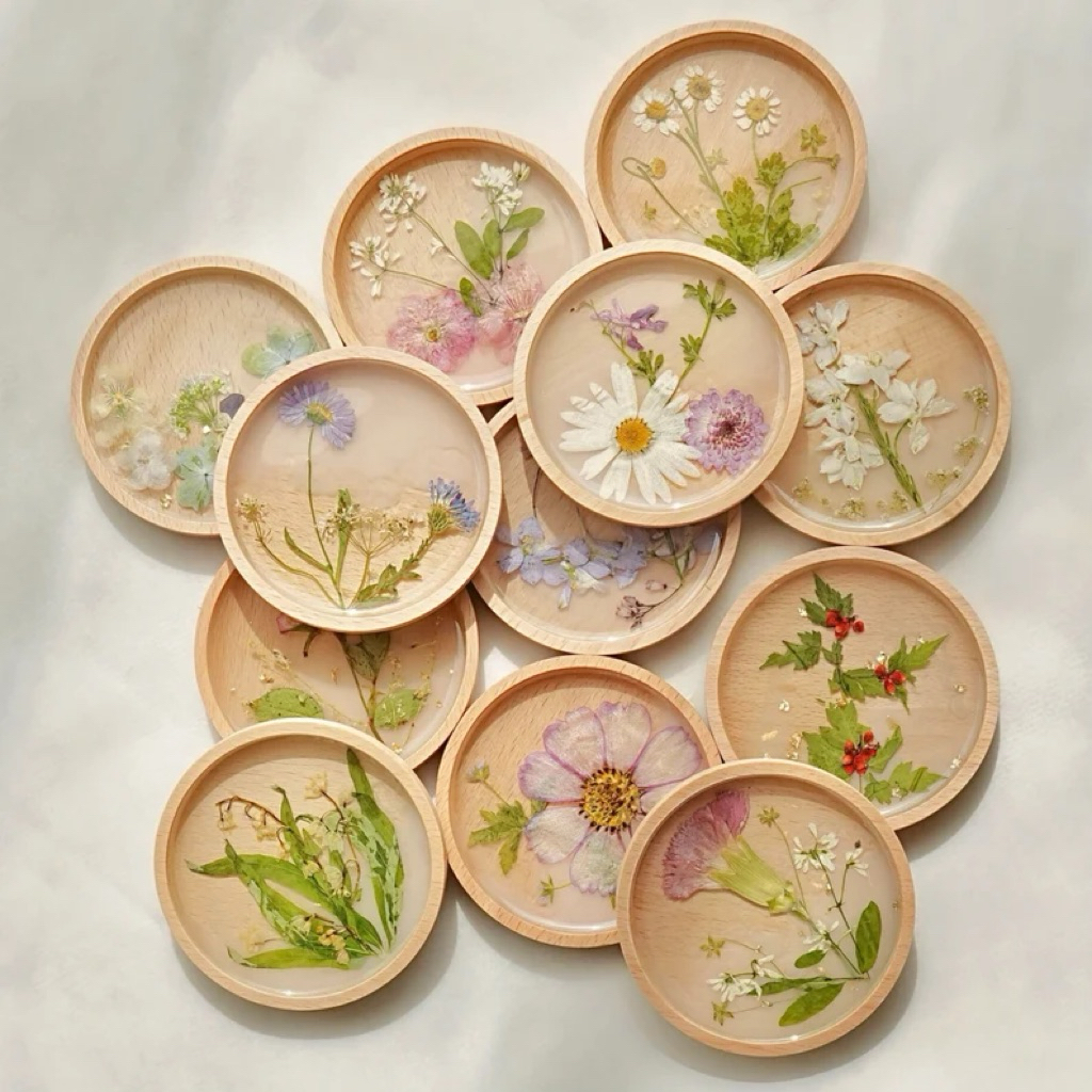 Harga Grosir - RANDOM: Botanical Aesthetic Coaster | Tatakan Gelas Kayu Aesthetic Bunga Kering Asli 