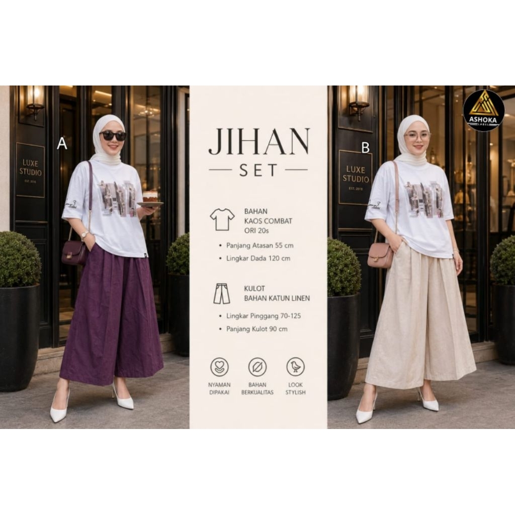 JIHAN HARUKO SET BY QFA SET CELANA KULOT LEBAR LINEN PREMIUM KAOS COMBED ADEM PREMIUM CELANA CRINKLE