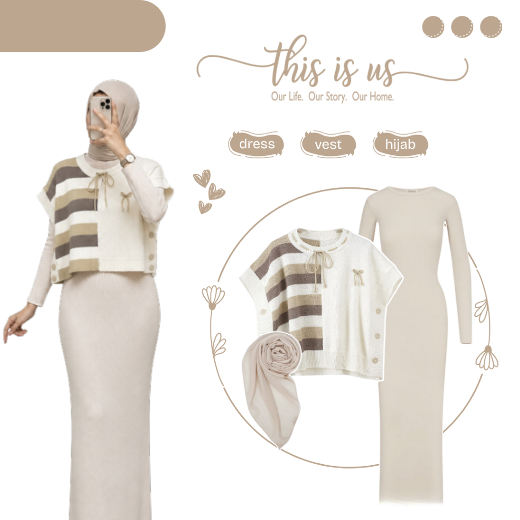 One Set Wanikta Terkini | Vest + Inner Dress + Hijab Bella | Satu Set Outfit Cewek - AM263N