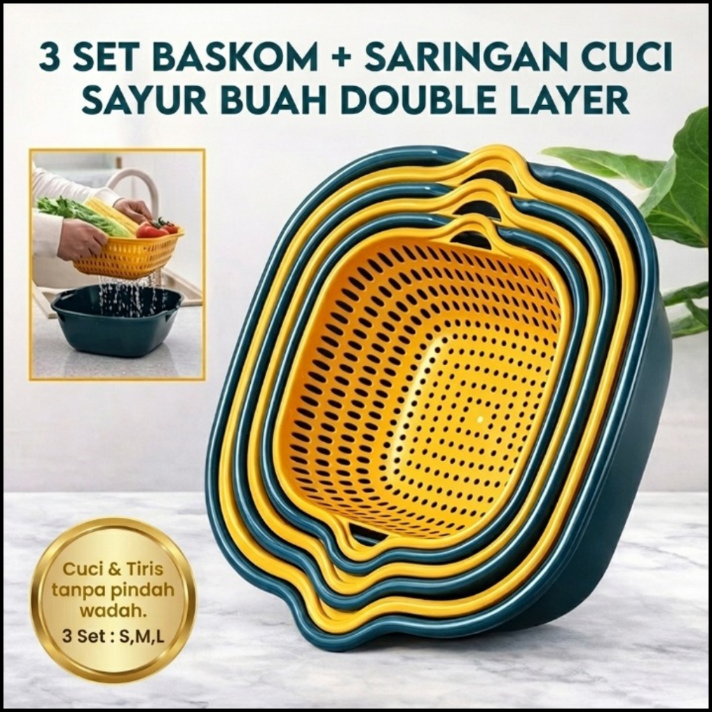 SET BASKOM & SARINGAN PLASTIK 3 PCS | SET BASKOM SARINGAN CUCI BUAH SAYUR 3 In 1