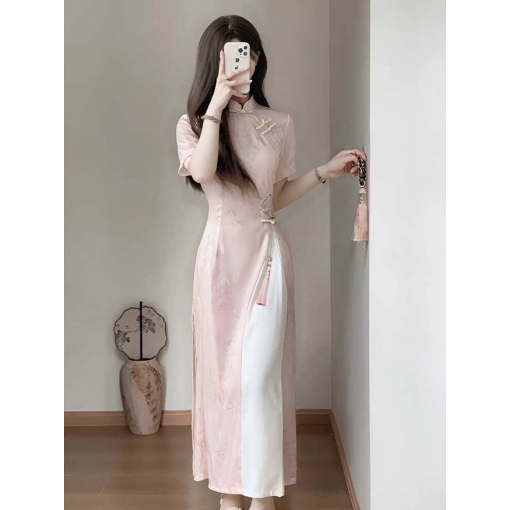 Dress Cheongsam Modern Pink Putih Wanita Premium Midi Dress