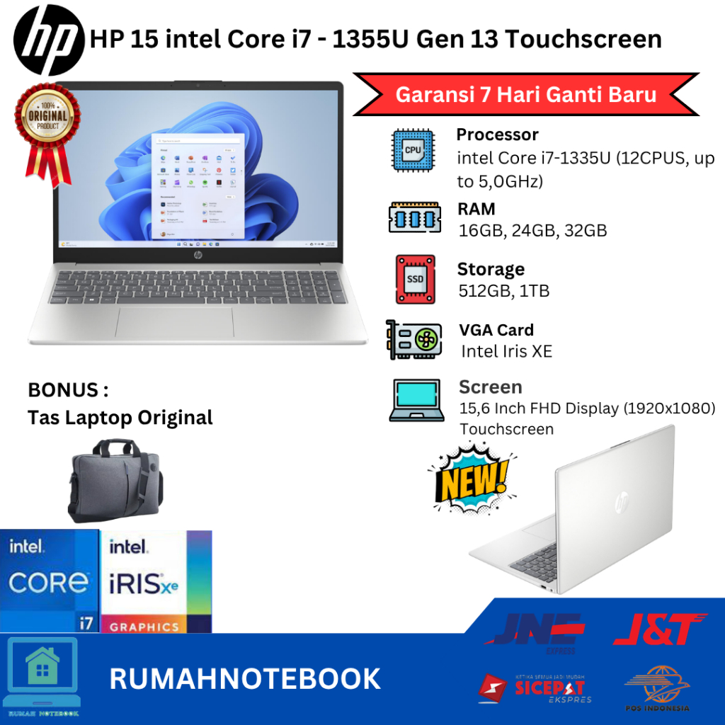 Laptop Baru HP 15 Intel Core I7 1355u 12cpu 5,0Ghz Touchscreen