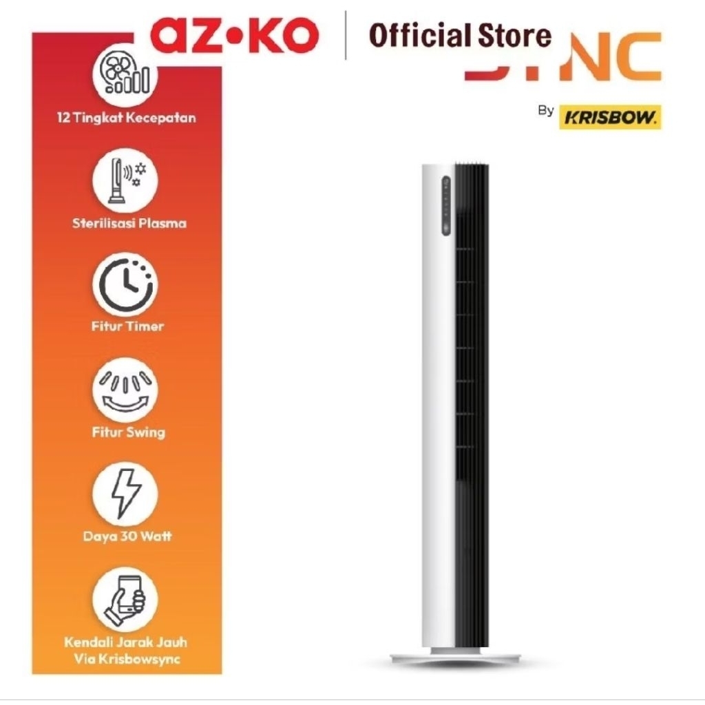 AZKO KRISBOW Sync Smart Kipas Angin Berdiri Wifi DC Motor - Putih/Hitam / Floor Standing Tower Fan /
