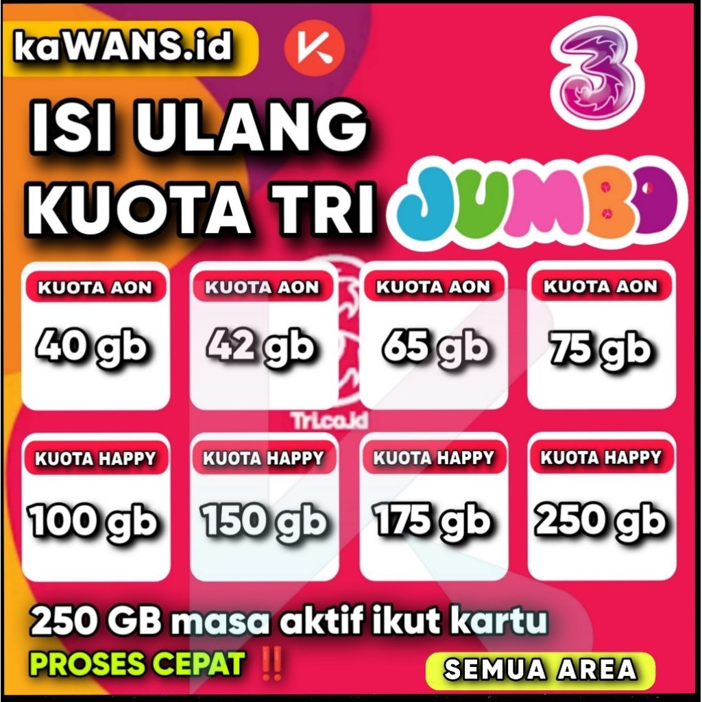PAKET KUOTA INTERNET TRI JUMBO 250GB ,Masa aktif ikut kartu, 24jam NASIONAL