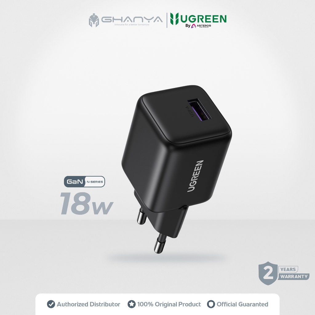 UGREEN 75613 Kepala Adaptor Charger USB A 18W 3A GaN N Series Black Hitam PD Fast Charging Power Del