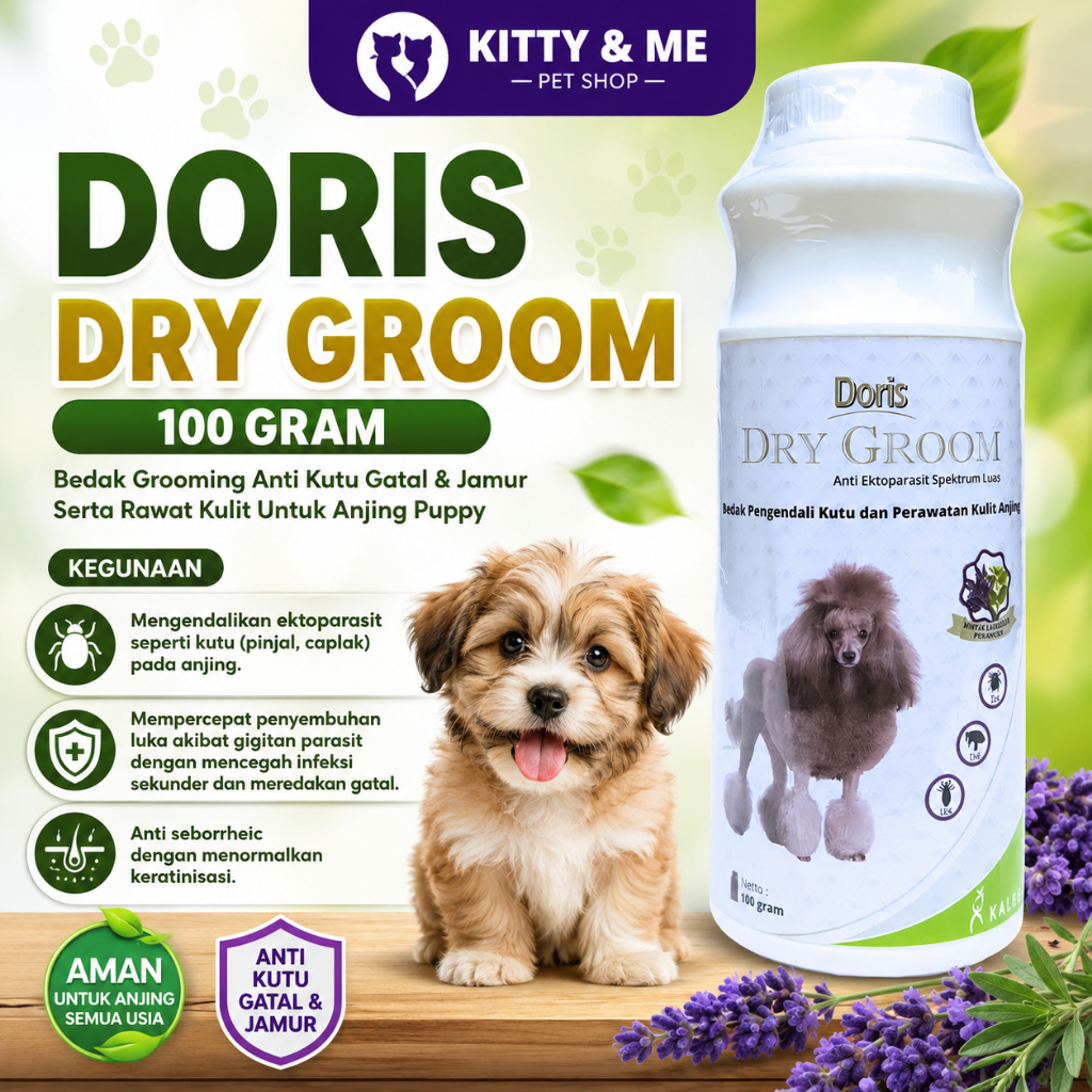 DORIS DRY GROOM 100 GRAM - Bedak Grooming Anti Kutu Gatal & Jamur Serta Rawat Kulit Untuk Anjing Pup