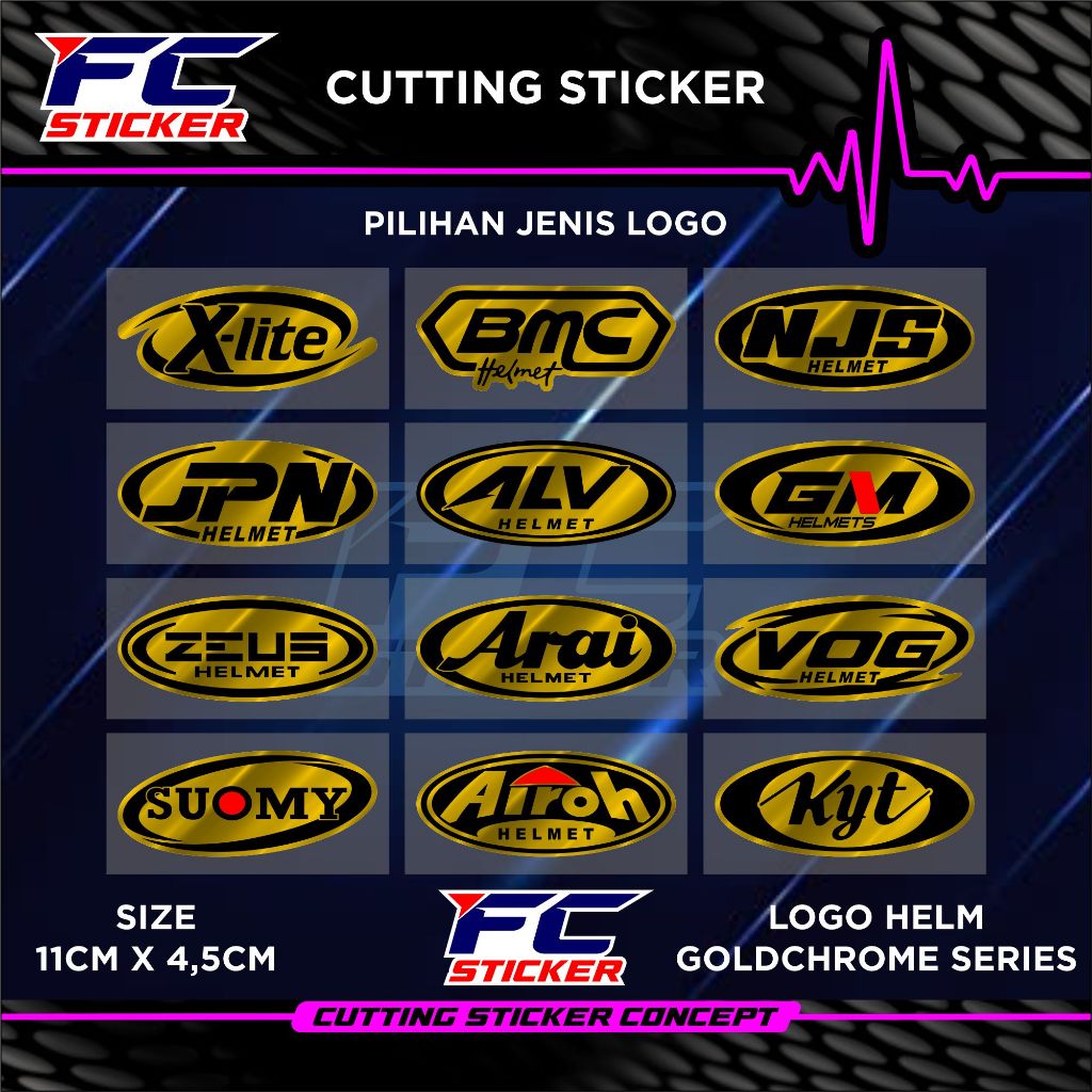 Cutting Sticker Logo helm Warna GOLDCHROME /Emblem Merk Helm VOG / BMC / NJS / X-LITE / JPN / ALV/ G