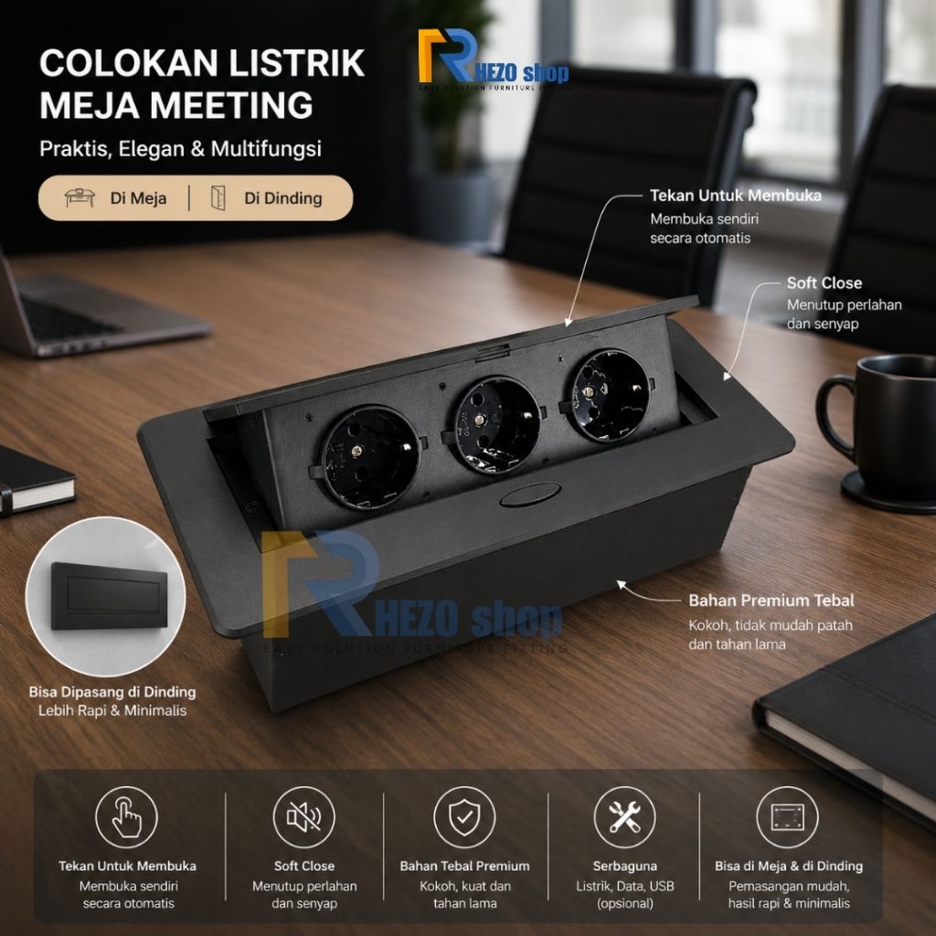 colokan meja meeting pop up tanam 3 lubang push on slowmotion