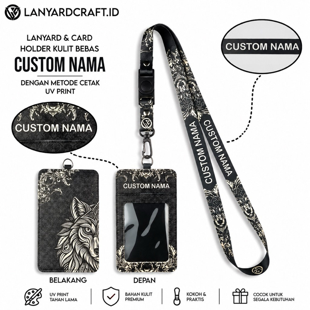 V3 Id Card Holder Leather Custom + Lanyard Custom Nama Wolf Series Gantungan Tali Lanyard Holder Id 