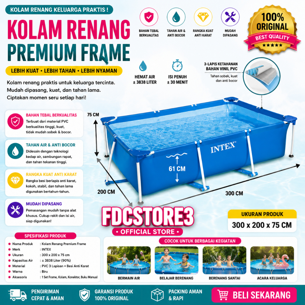INTEX KOLAM RENANG ANAK DAN DEWASA  28272 KOLAM RENANG PANJANG 3 METER / KOLAM RENANG ANAK