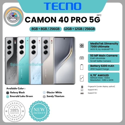 HP TECNO CAMON 40 PRO 5G NFC 12/256GB & 40 PRO 5G NFC 8/256GB (Garansi Resmi Tecno 1 Tahun)