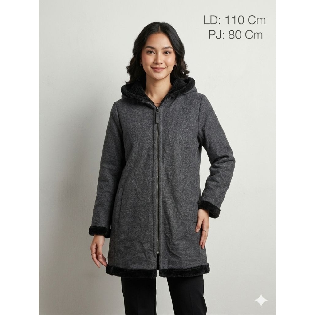 UNIQLO Bulu sherpa winter hoodie tebal hangat denim/abu parka