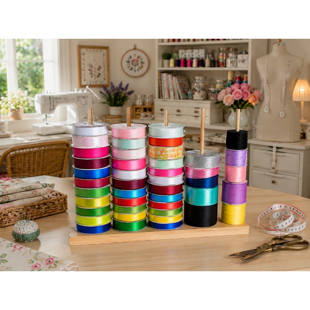 Rak Penyimpanan Pita Satin 5 Tiang Kayu Jati Belanda | Organizer Craft & Jahit