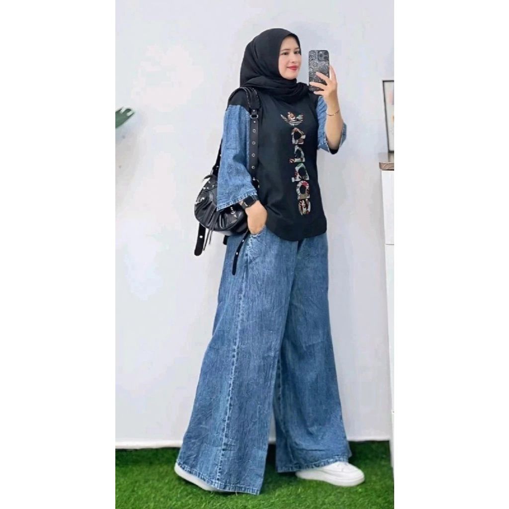 Ootd Set Wanita Combet Premium Lengan Denim Kulot Jeans Wide Leg 7/8 Adem Busui Wudhu Friendly Hitam