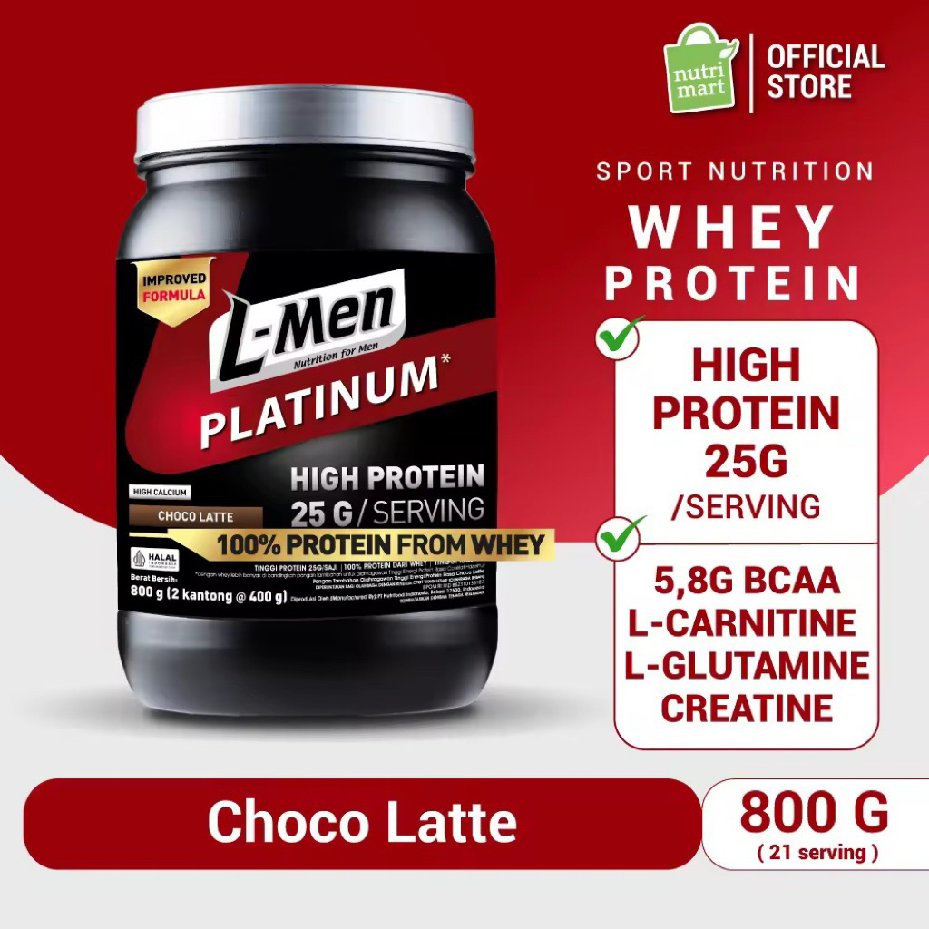 L-Men Platinum Choco Latte 800g / 1,7lbs - 25g Whey Protein - 21 Serving - 5,9g BCAA dilengkapi Crea