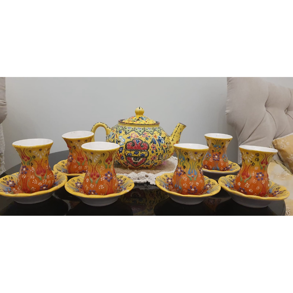Cangkir Teh Turki Set Keramik Handmade Premium - Teko & 6 Gelas Ottoman