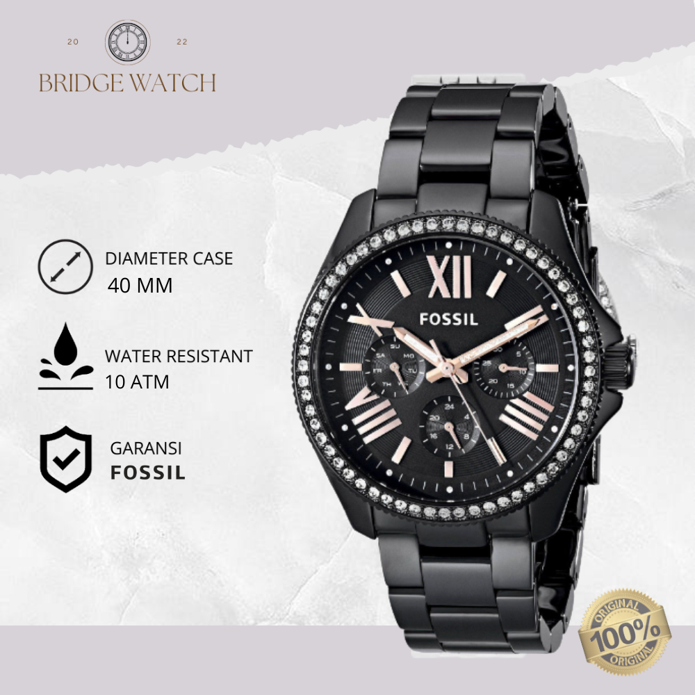 Jam Tangan Wanita Fossil Cecile AM4522 Analog Chronograph Hitam Stainless Steel Mewah Original