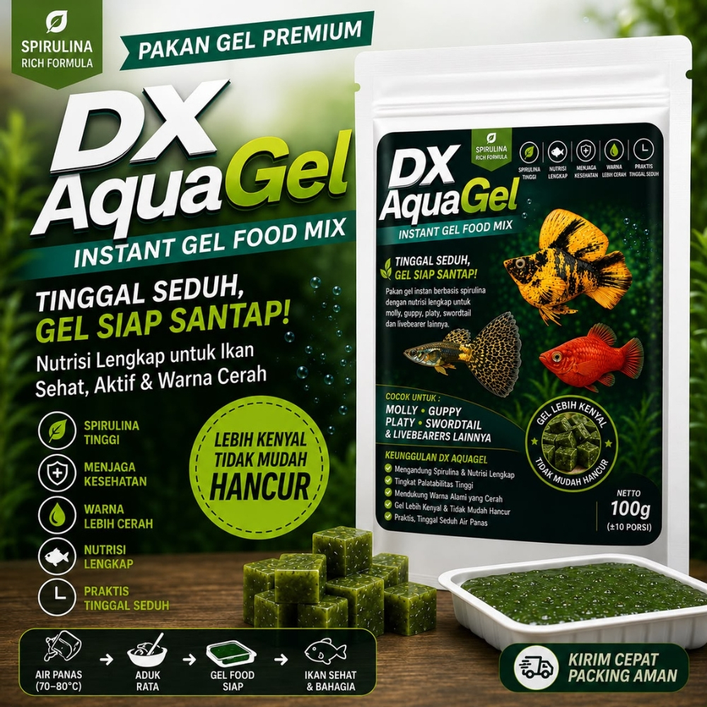 Gelfood by DX AquaGel Pakan Ikan Hias Spirulina Premium 100g Untuk Guppy Molly Platy Swordtail Warna