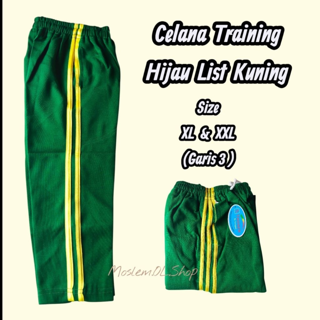 Celana Training Hijau List Kuning Tanpa Ban | Garis 2 dan  Garis 3 | SD | SMP | SMA | Merk Troser