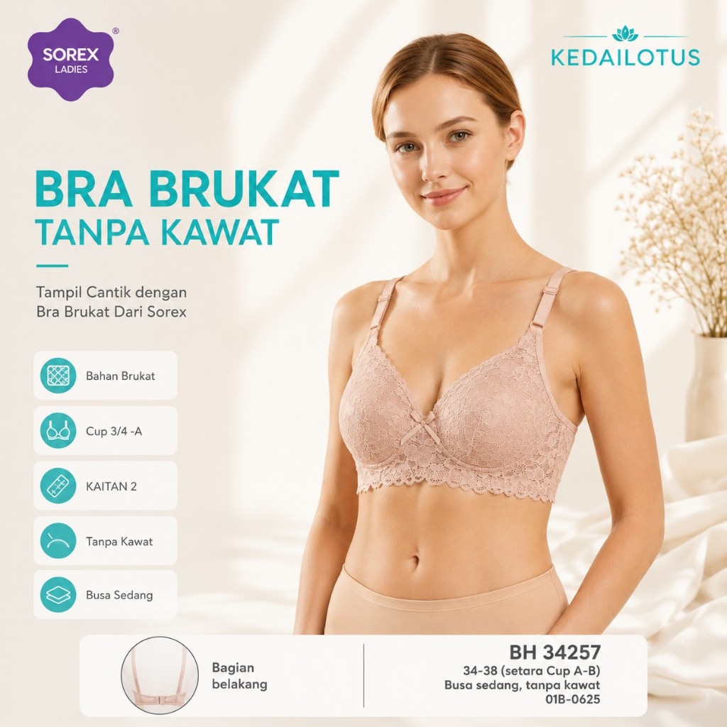 BH Braa Sorex Brukat Tanpa Kawat Busa Sedang | Bra Wanita Renda Fashion Brokat Kait 2 | Beha Cup A-B