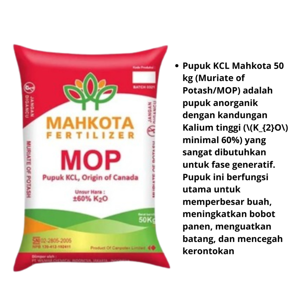 KCL Pupuk KCL Mahkota MOP 50 Kg Kalium Tinggi Anti Rontok Meningkatkan Hasil Panen