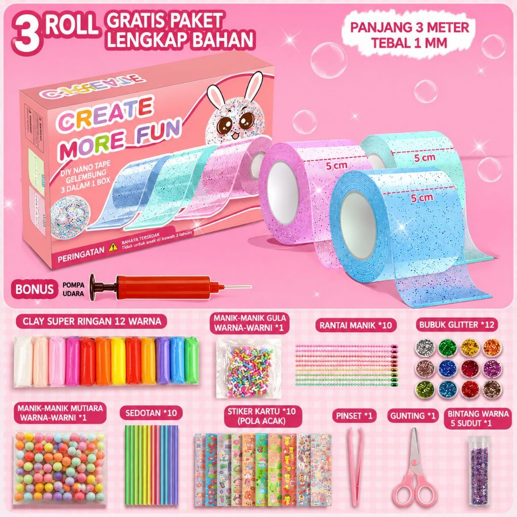 Nano Bubble Tape Mainan Bubble Super Elastis Glitter Nano glue set diy mainan bubble blowing set