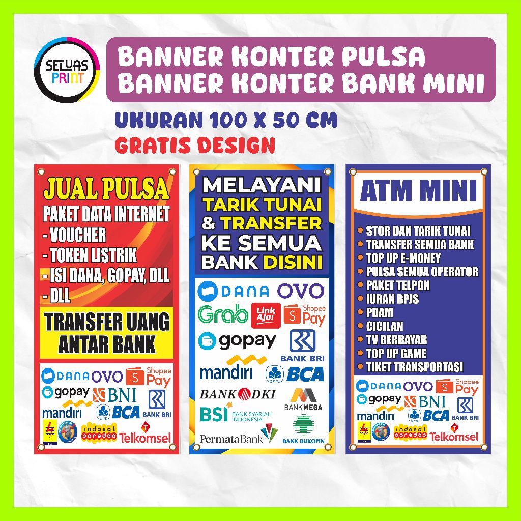 100x50CM BANNER-SPANDUK KONTER PULSA BENTUK BERDIRI / BANNER / SPANDUK / BAHAN FLEXY