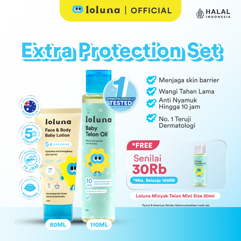 LOLUNA Extra Protection Set - Baby Minyak Telon Extra 110ml/ Face & Body Lotion 80 ml - Minyak Anti 