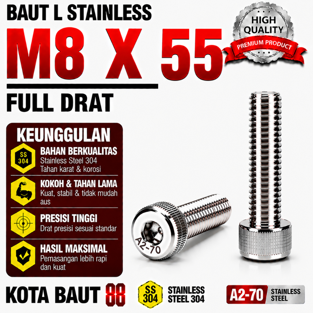 Baut L Stainless M8X55 / 8X55 / M8 X 55 / 8 X 55 Full Drat SS304 / SUS304 / A2-70