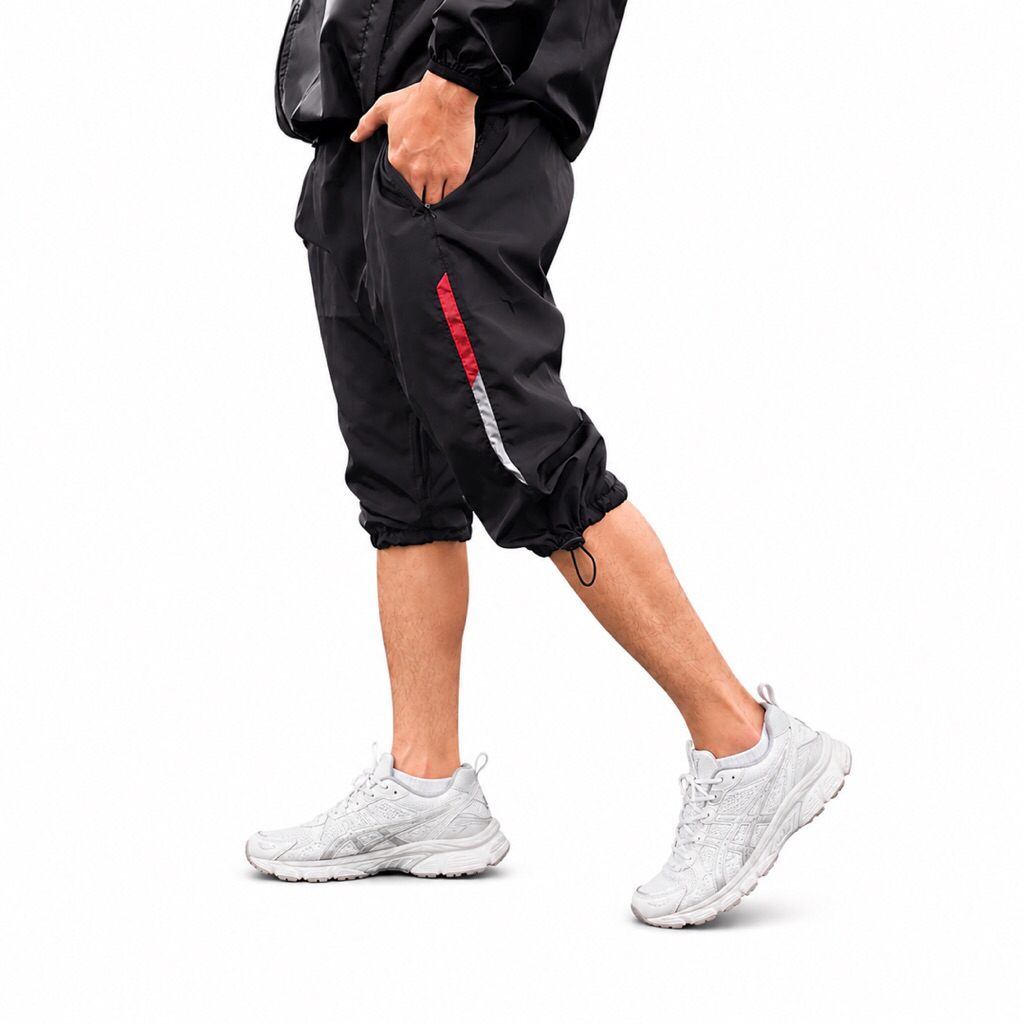 Celana Training 3/4 Sontog Pria Wanita Sport Saku Resleting Celana Sontog Lari Jogging Sepeda