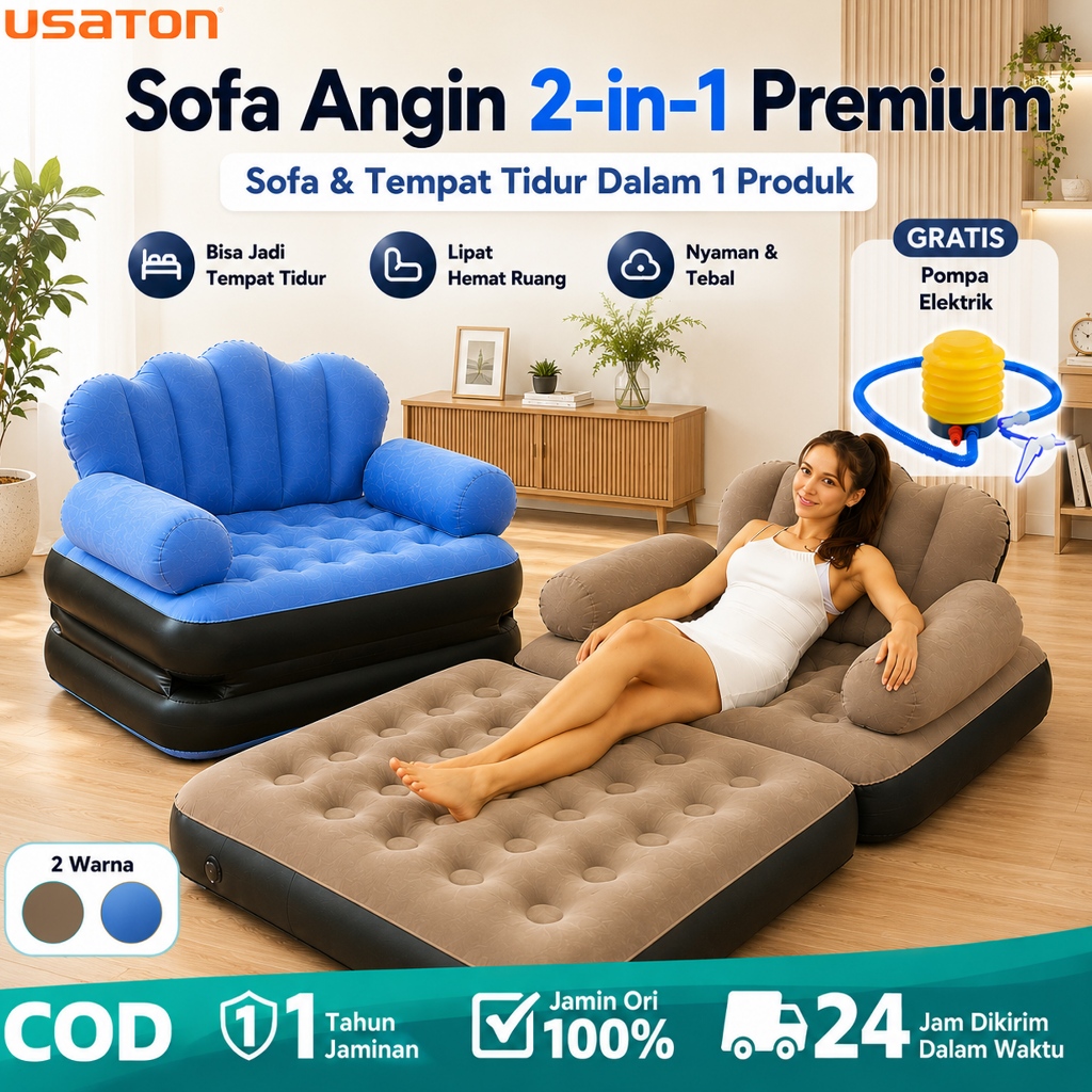 USATON Sofa Bed Lipat 2 in 1 Kasur Sofa Angin dengan Sandaran Kaki + Free Pompa Sofa Tiup Portable L