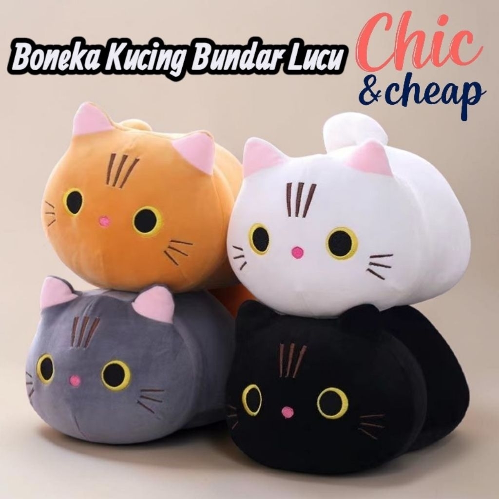 CnC Boneka Kucing Bundar Lucu Hitam Oren Putih Abu Ukuran ±23cm