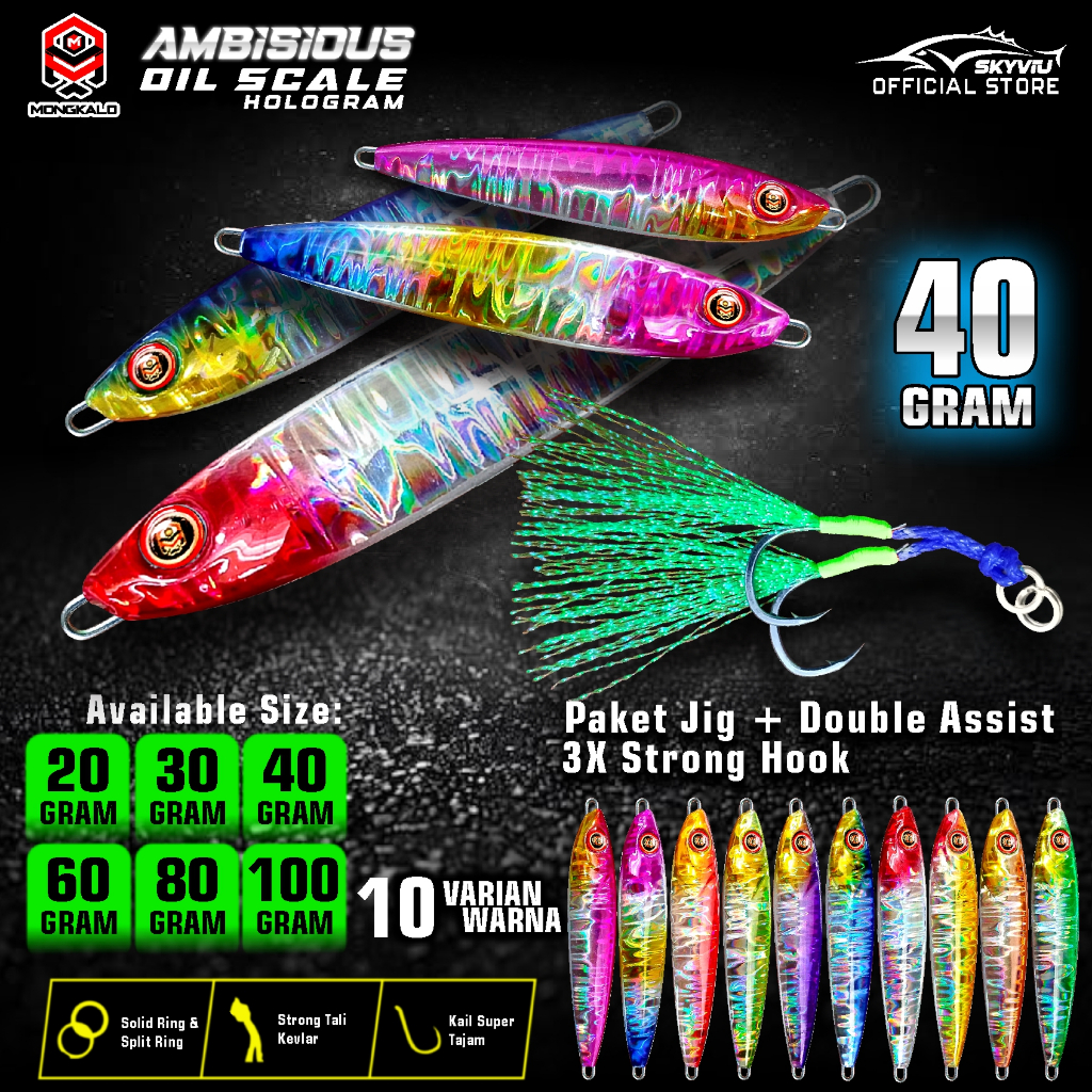 Metal Jig 40 Gram Mongkalo AMBISIOUS Minyak JIG ONLY Dan 1 Set Double Assist Hook 40grm Upan Jigging