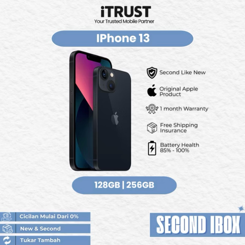 iPhone 13 128GB Bekas - Original, iCloud Kosong, Fullset