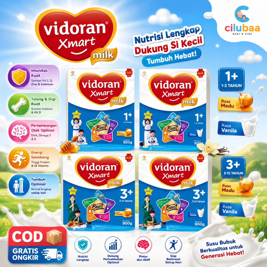 VIDORAN XMART 1+ 3+ IMUN UP 900GR VANILA MADU SUSU FORMULA TAHAP 1 DAN 3 900GR / TERMURAH