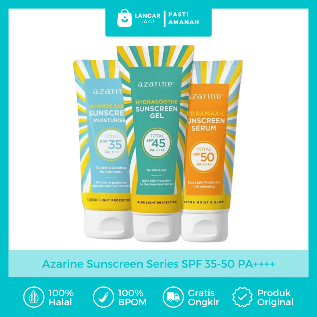 Azarine Sunscreen All Variant Hijau Biru Oren SPF 35 45 50 PA++++ Hydrasoothe Gel Calm My Acne Cicam