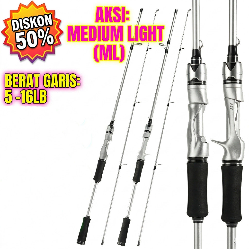 Joran pancing ML 5-16LB memiliki gagang EVA yangtersegmentasi dan tahan keringat, serta tersedia dal