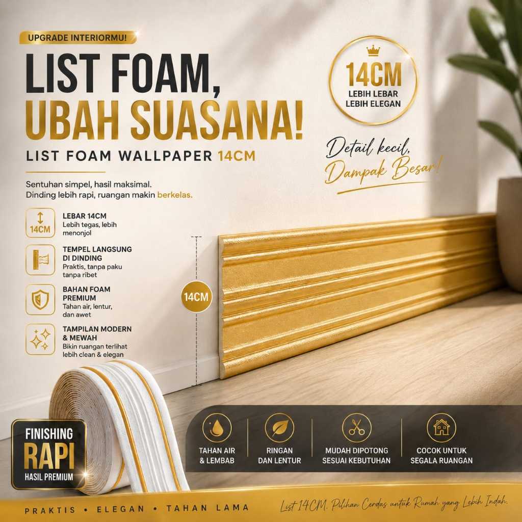 RW Wallpaper Foam List Border 14cm Dekorasi Dinding Tembok Stiker Aluminium Foil Wall Border Foam 3D